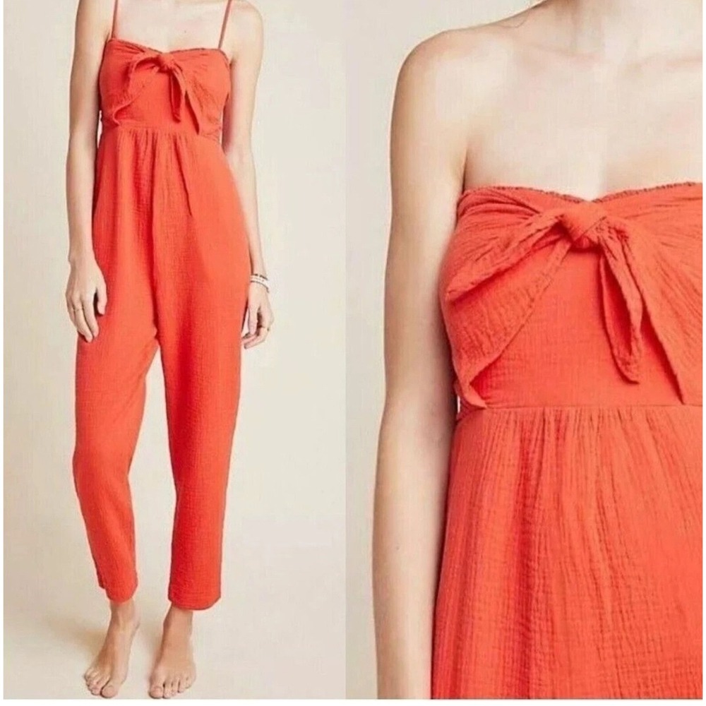 Saturday Sunday Anthropologie Orange-Red Textured Tie Front Jumpsuit XS Gauzy